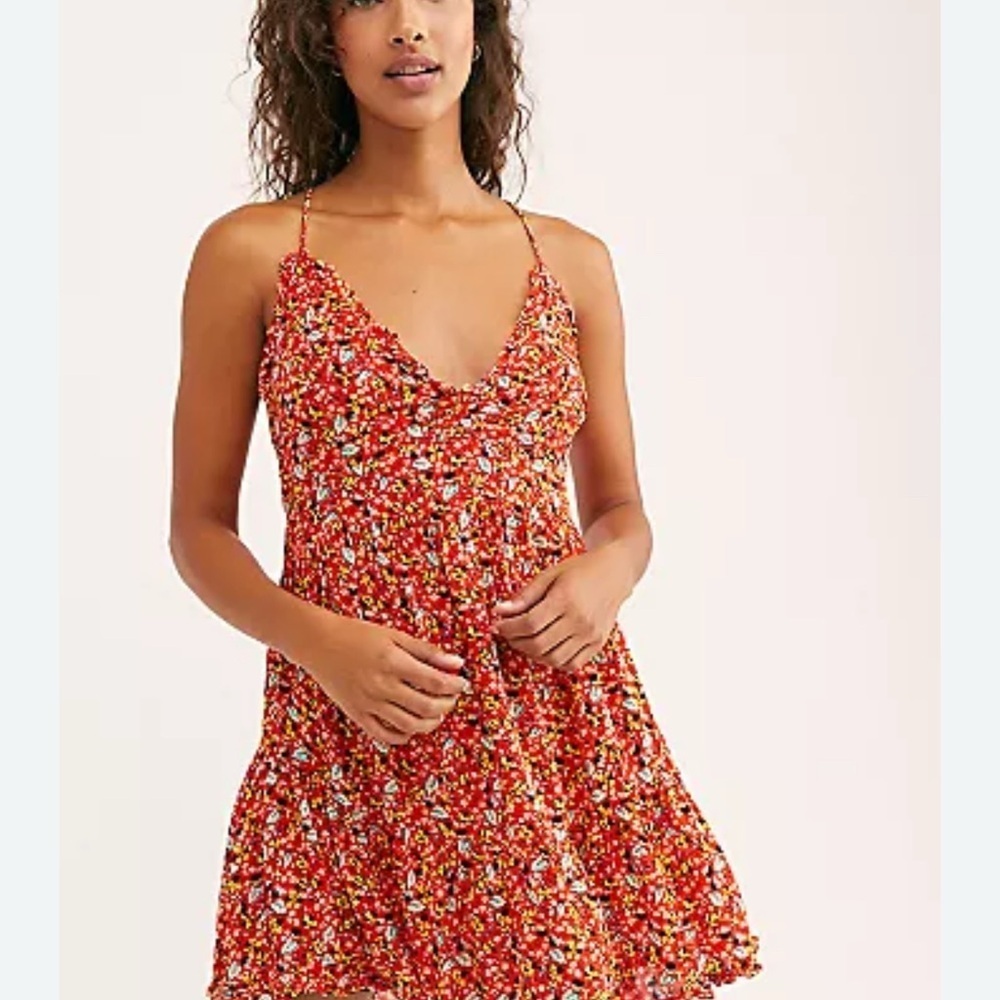 Free People Intimately Mini Dress Women’s M Red Coral Floral Halter Boho Flowy